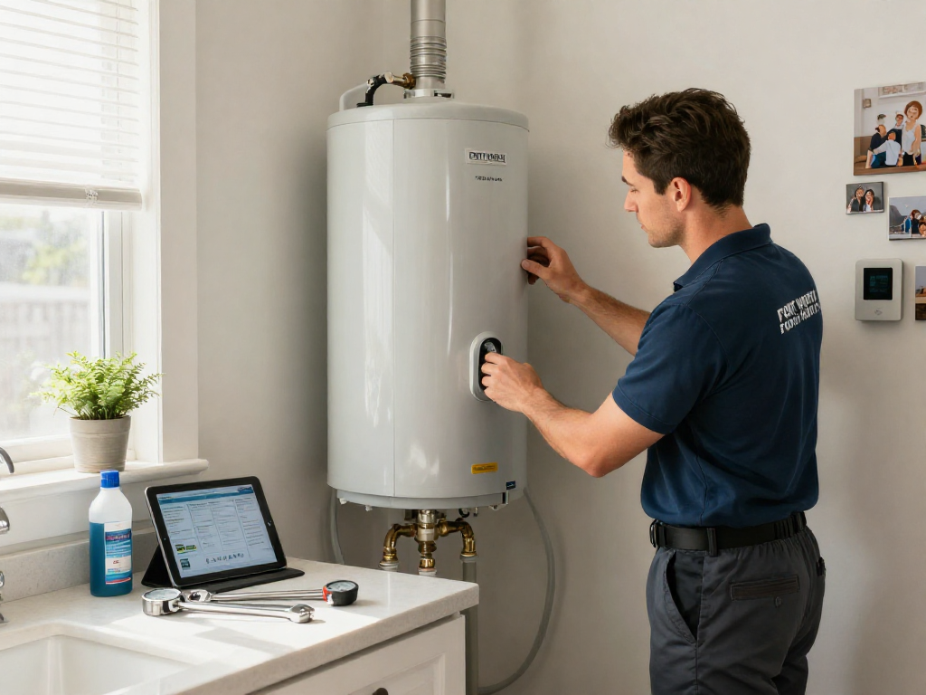 Plumber Fort Worth technician servicing a residential water heater in a bright, modern laundry room