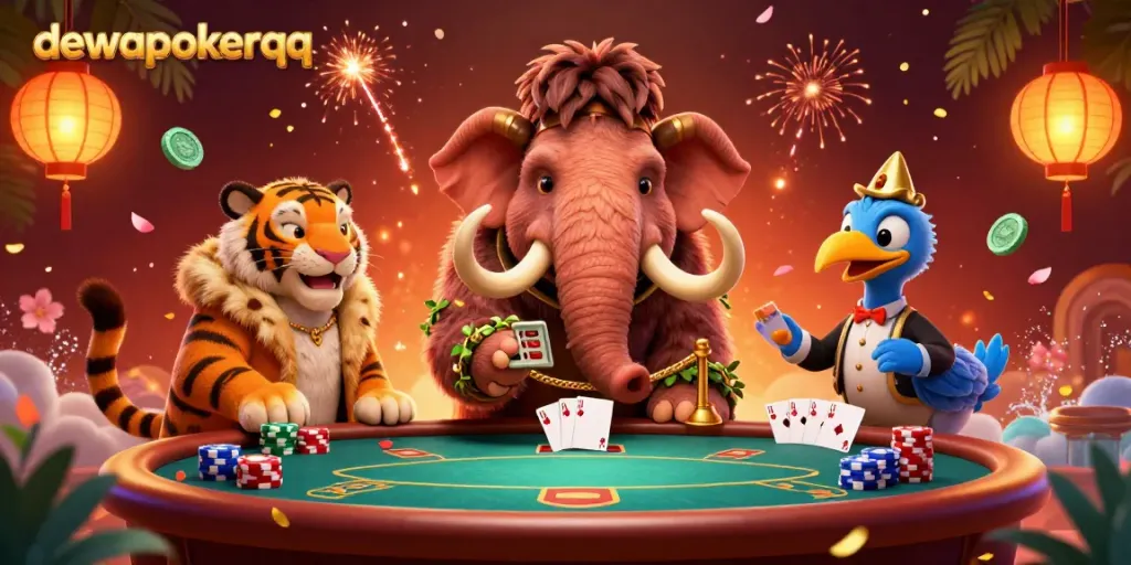Experience dewapokerqq's vibrant poker atmosphere with a cartoon bouncer checking IDs, a VIP saber-tooth tiger, and rich game elements.