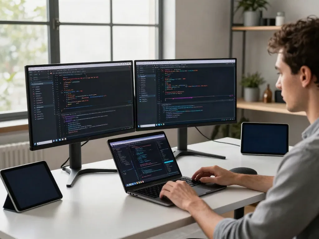Find your code: Engaged developer in modern workspace with coding interfaces.