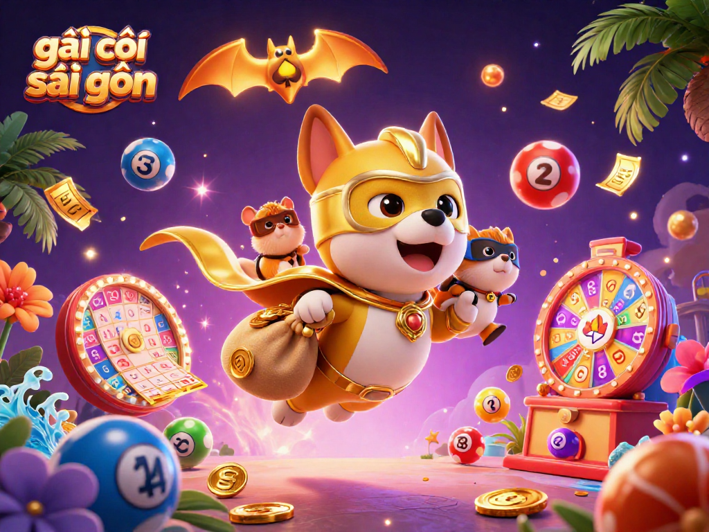 Engage with the vibrant world of gái gọi sài gòn, featuring a playful superhero dog soaring amidst colorful lottery elements