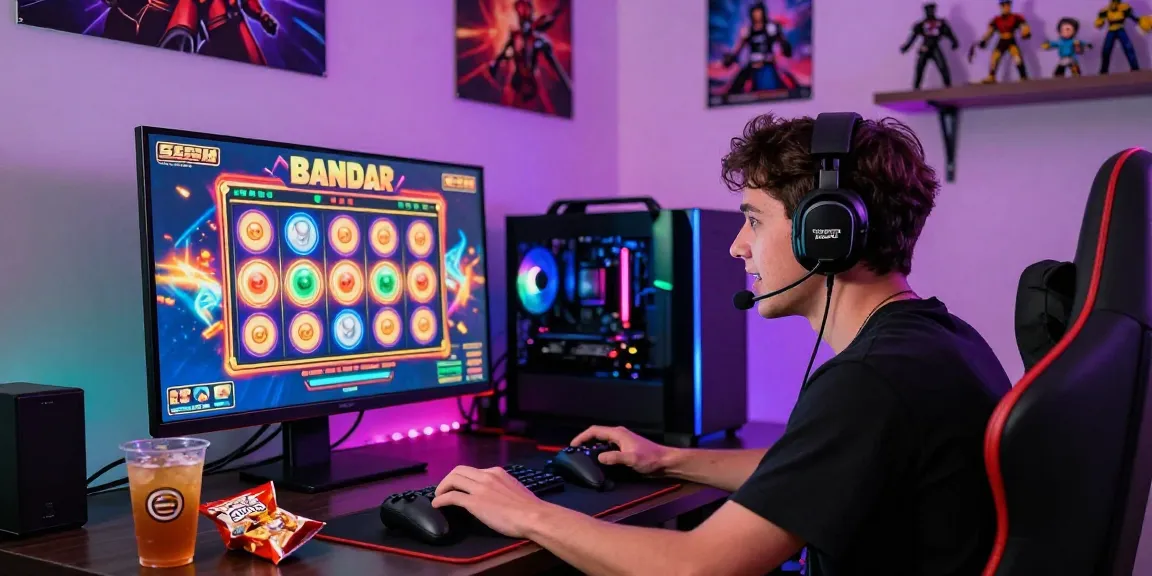 Engaged gamer playing bandar slot on a vibrant screen in a lively room.