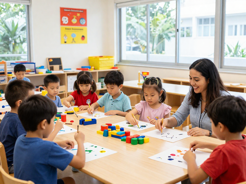 Children engaging in hands-on activities at a Reggio Emilia Preschool Singapore, fostering creativity and collaboration in a bright classroom.