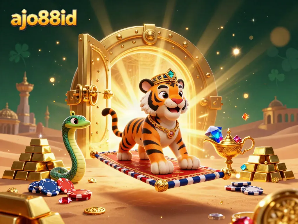 Menang lebih banyak dengan ajo88id, sultan tiger beraksi di atas karpet poker mengelilingi harta karun.