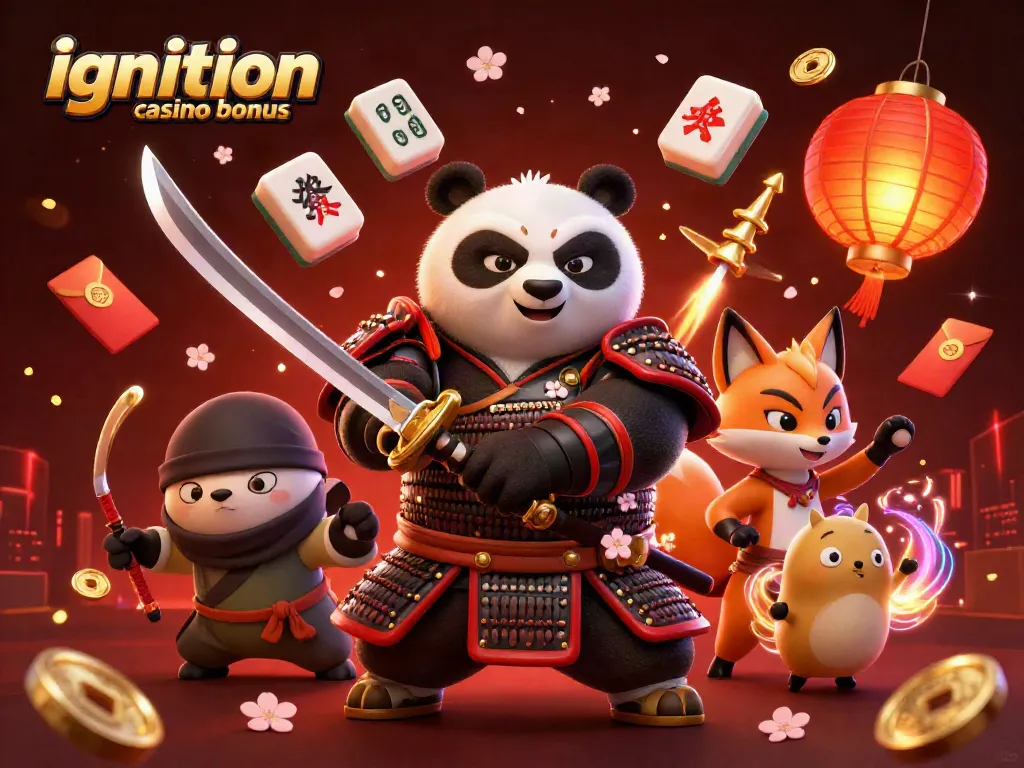 Samurai panda promoting ignition casino bonus with shuriken-throwing fox and spirit tanuki amidst festive elements.