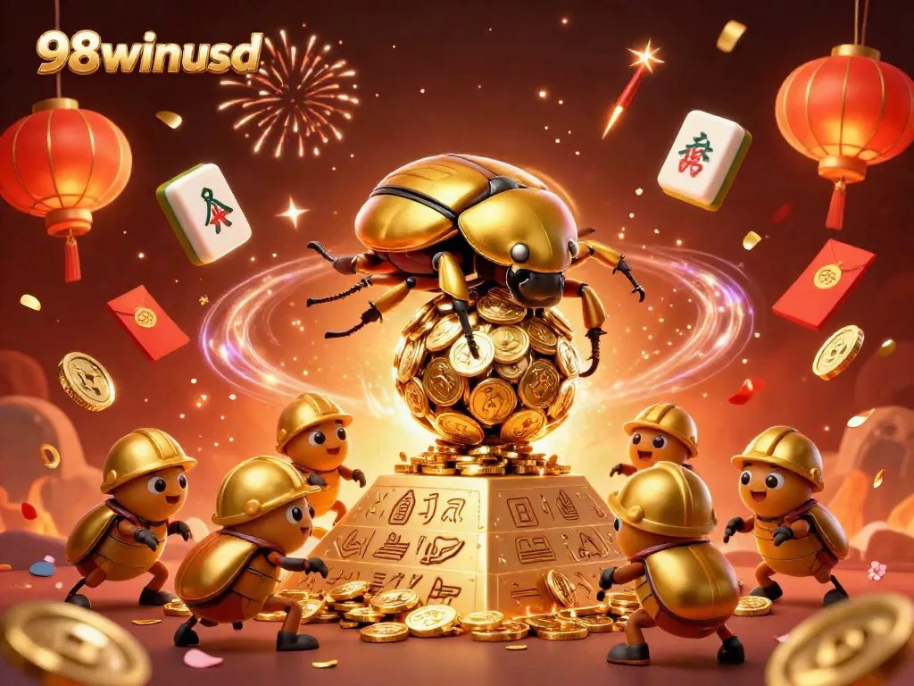 Engage with the vibrant world of 98winusd, featuring a massive golden dung beetle rolling a coin ball amidst festive casino symbols.