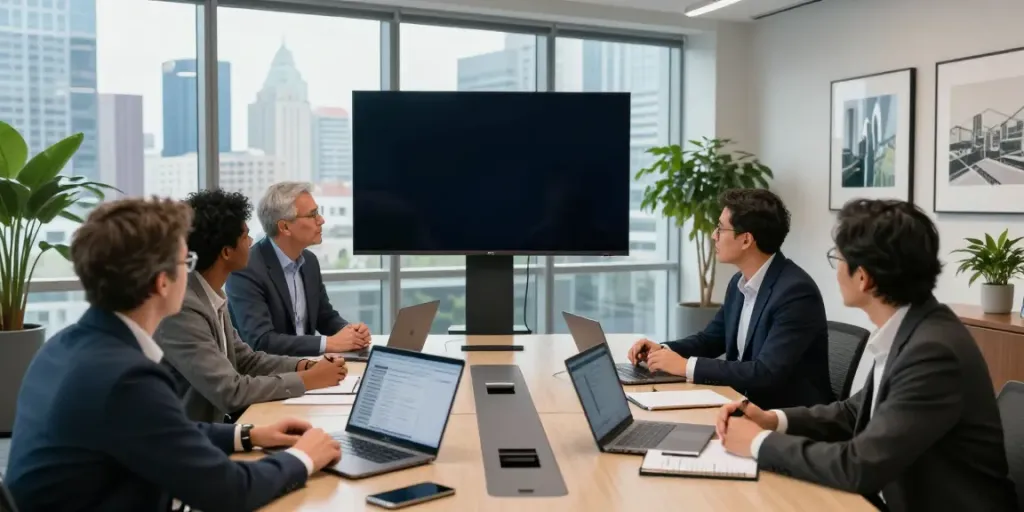 Michael Rustom consulting with clients in a modern office setting.