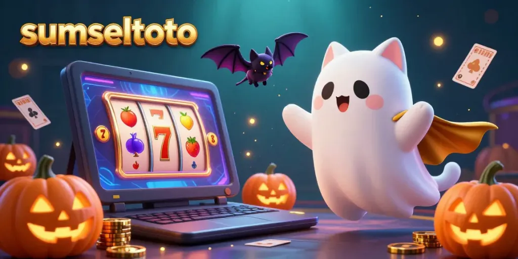 Ghost cat exploring the vibrant sumseltoto online casino, surrounded by playful slot machines and glowing pumpkins.