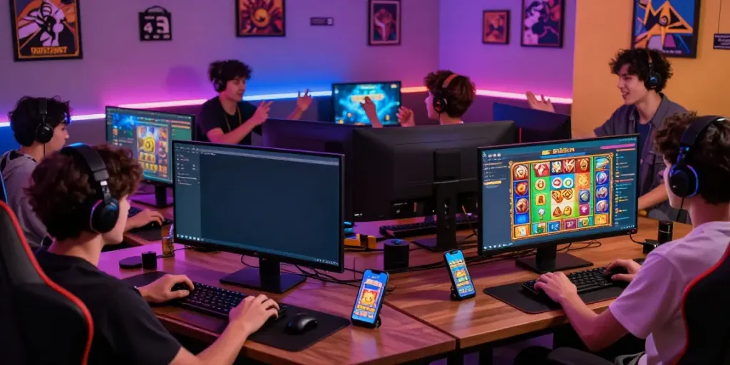 Exciting gaming moment with players enjoying Slot MAHJONGJP88, showcasing vibrant graphics and camaraderie.