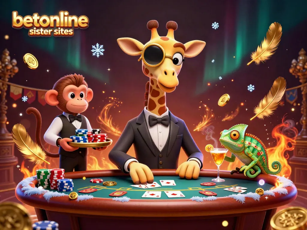 Engage with betonline sister sites in a lively casino scene featuring a giraffe and poker elements.