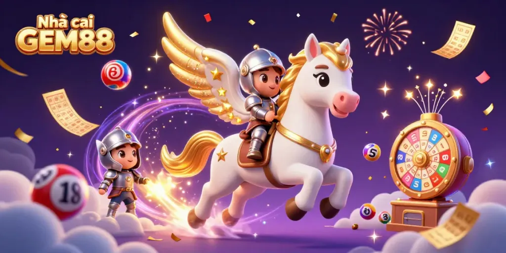 Experience excitement with Nhà cái GEM88 as a knight rides a celestial horse in a vibrant, dynamic gaming scene.