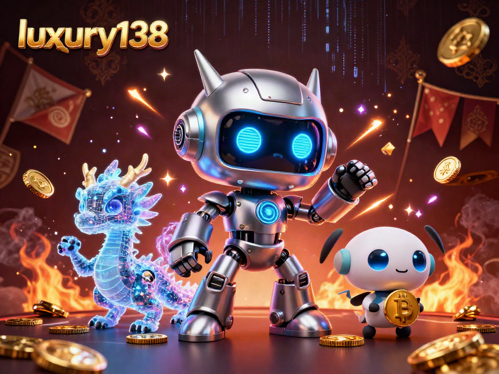 luxury138 memvisualisasikan pengalaman bermain kasino dengan robot futuristik, drone, dan koin emas.