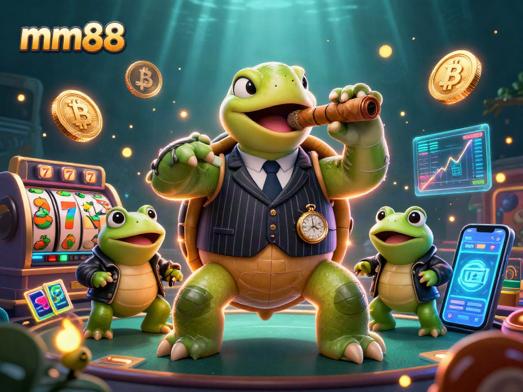 Experience the excitement of mm88 with a vibrant casino scene featuring unique 3D characters and crypto elements.