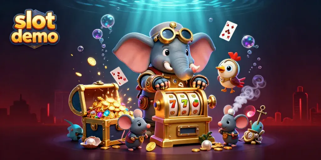 Slot demo interaktif yang menampilkan karakter gajah steampunk dengan mesin slot dan harta karun yang melimpah.
