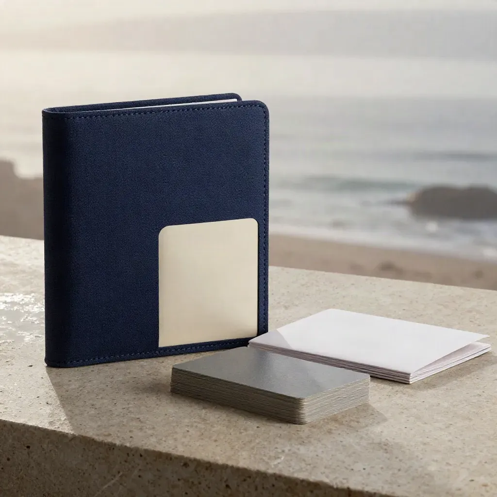 Navy strategic capital kit with stone cards and cream case on damp stone in soft dawn mist