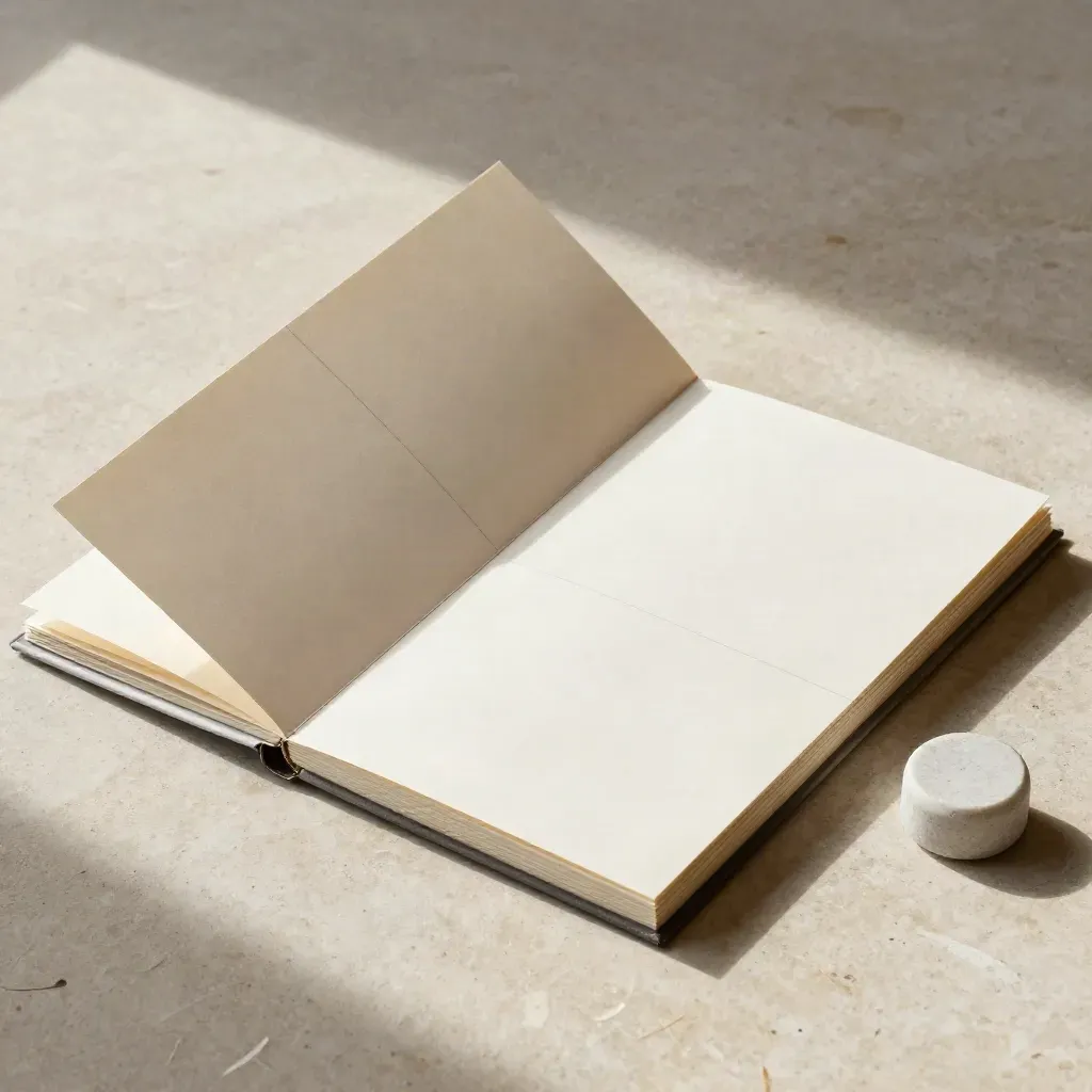 Overhead flatlay of a white pitch deck folio, stone weight, and tabbed inserts on pale stone.