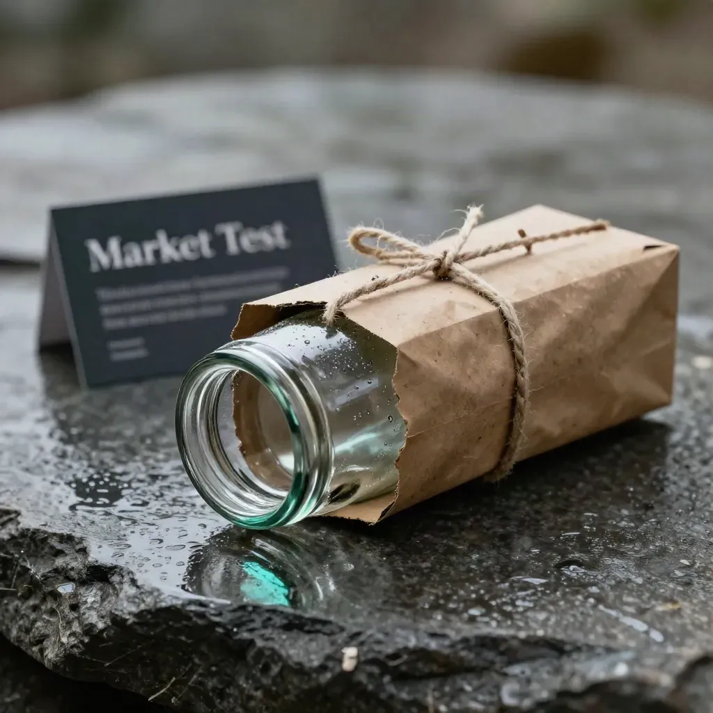 Kraft-wrapped sample bundle tipping on wet stone beside three glass jars