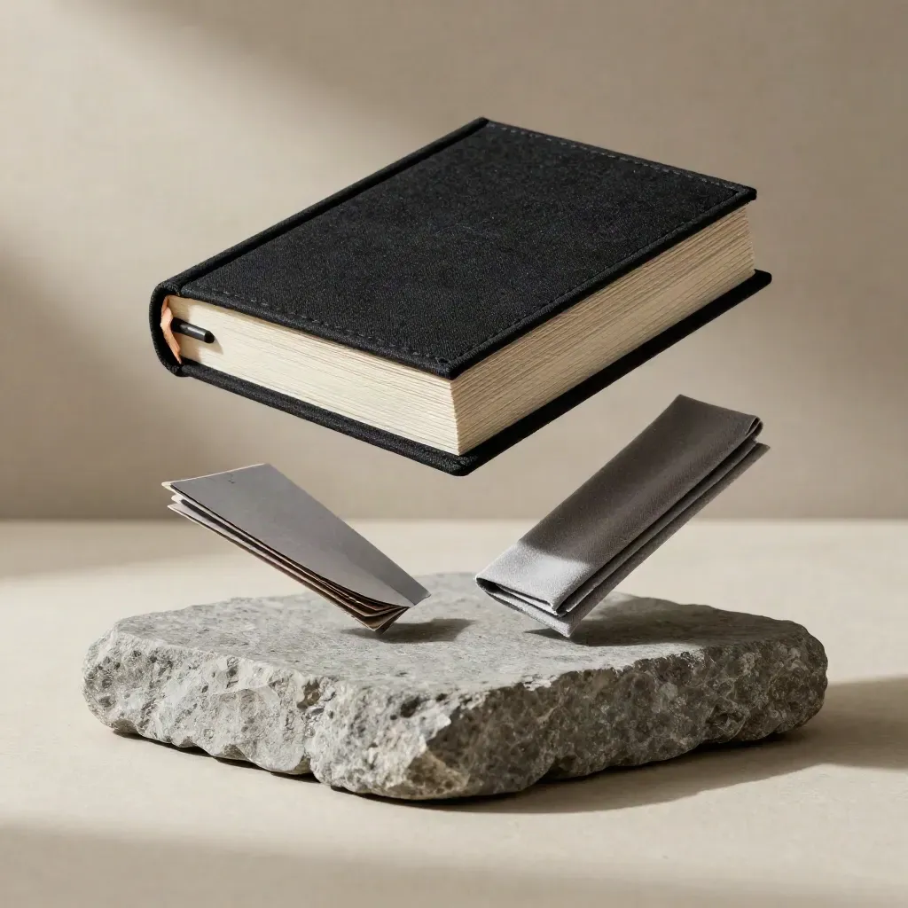 Black clothbound founder-call block with divider cards and a graphite pencil on ash linen