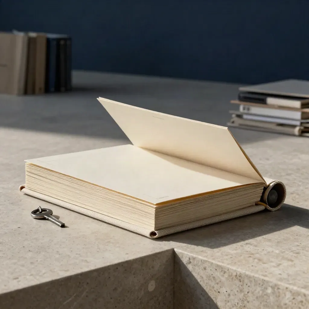 Cream dossier stack with linen wrap and graphite weight on a pale stone ledge.