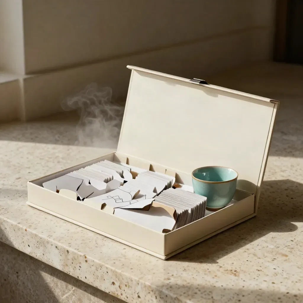 Open investor target list box with tabbed cards, folded insert, ceramic cup on travertine.