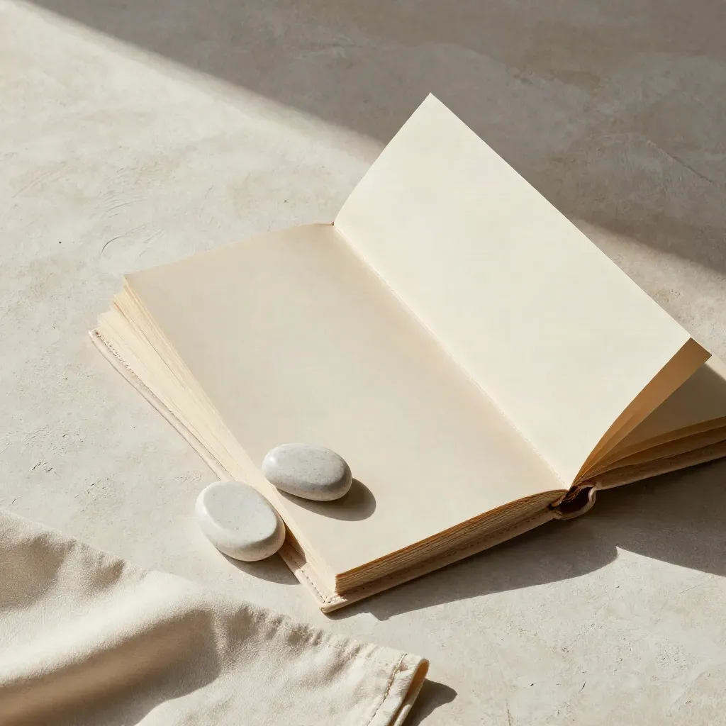 Overhead cream leather strategy folio with stone weight and folded cloth on pale plaster.