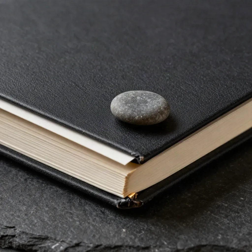 Black mentor kit macro with notebook, sleeve and pebble on a dark studio surface.