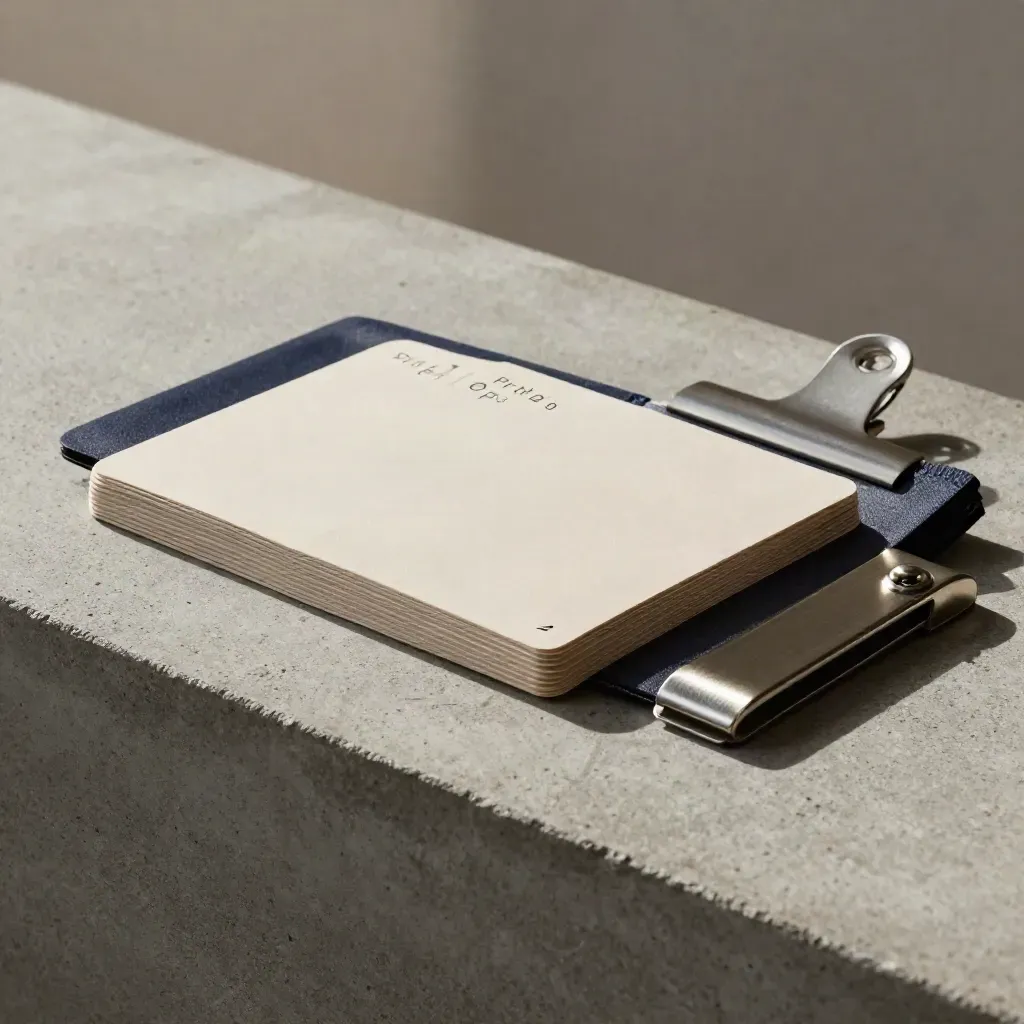 Unbranded portfolio ops kit with cards, pouch and metal clip on brushed concrete.