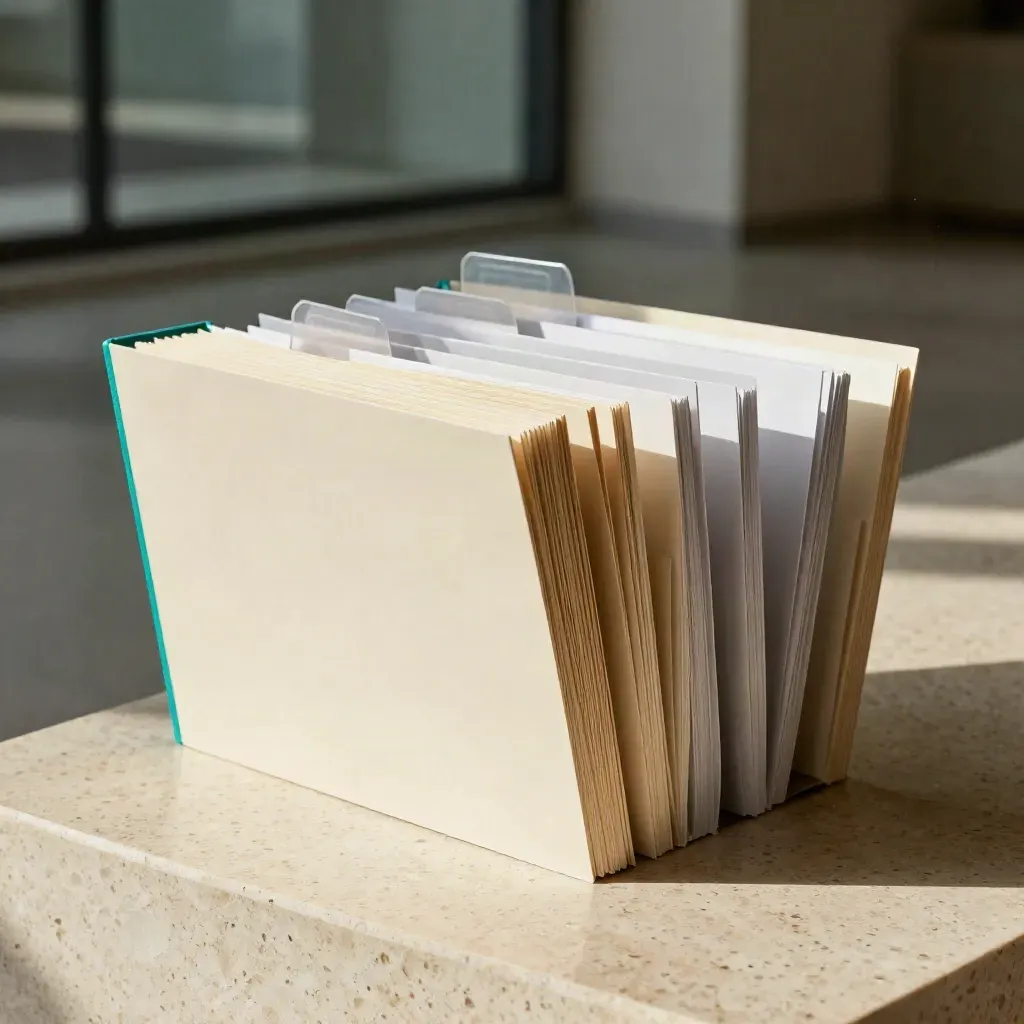 Electric-teal venture readiness folder bundle bursting open on pale travertine.