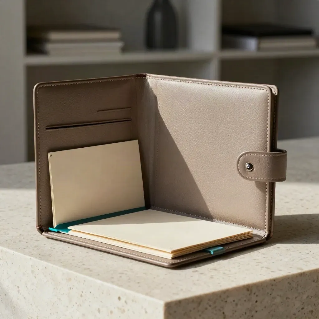 Half-open leather folio case on travertine with cream insert card and teal tab.