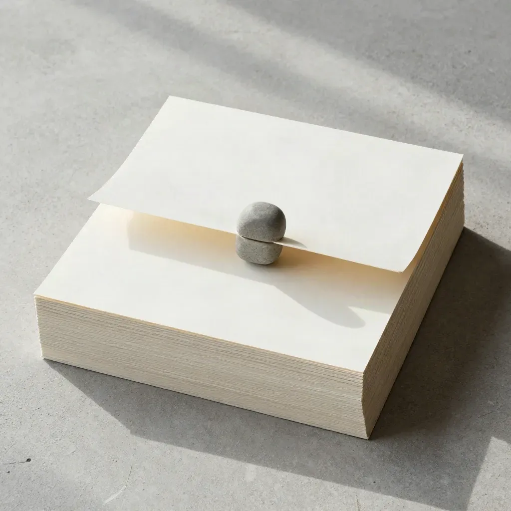 Overhead flat lay of a layered review pack with a stone clip on pale concrete.