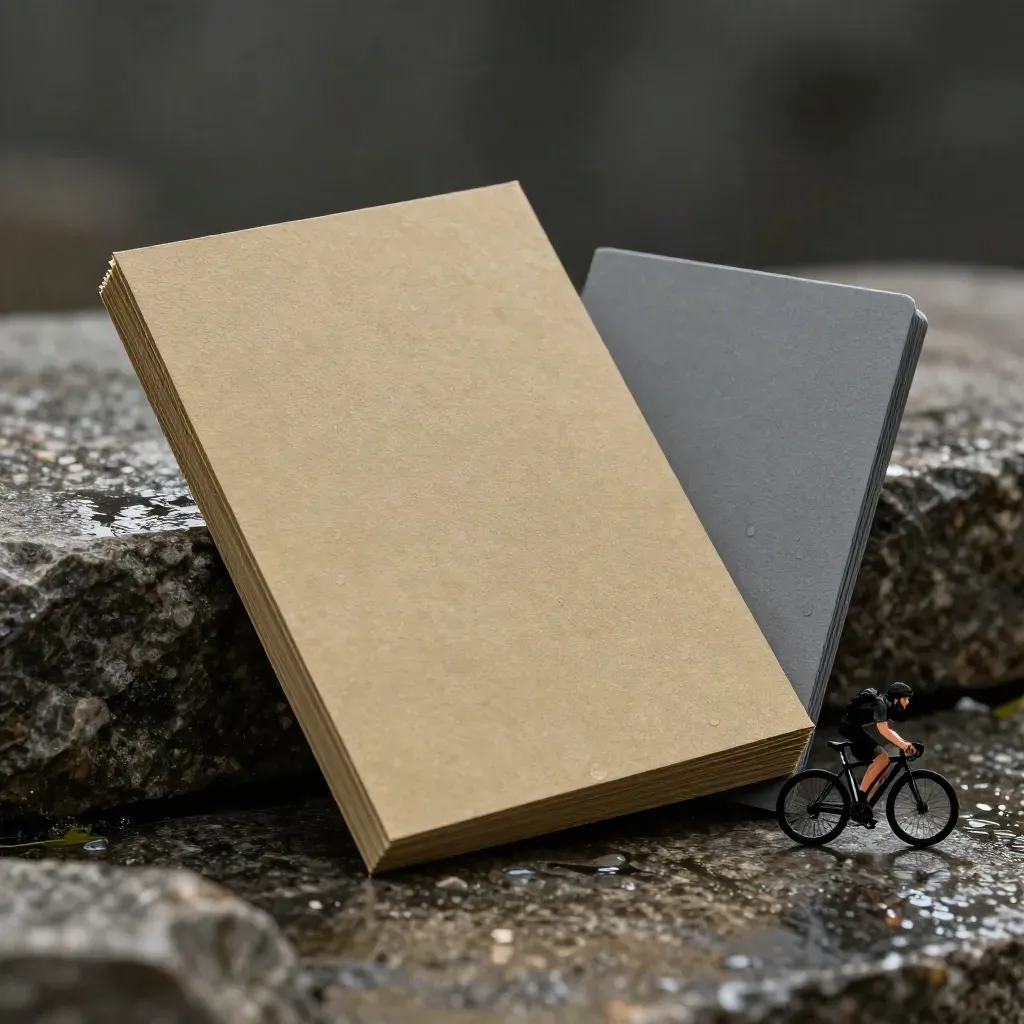 Extreme macro of a founder-call kit on wet basalt with cue cards and a matte card holder
