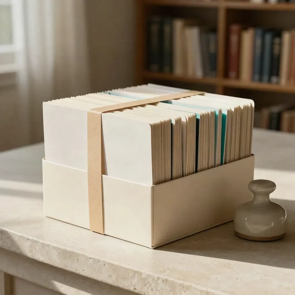Investor list build archive in a box with a ceramic weight and teal band.