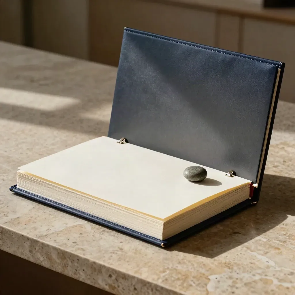 Close-up navy binder with blank dividers, clip and stone paperweight on limestone