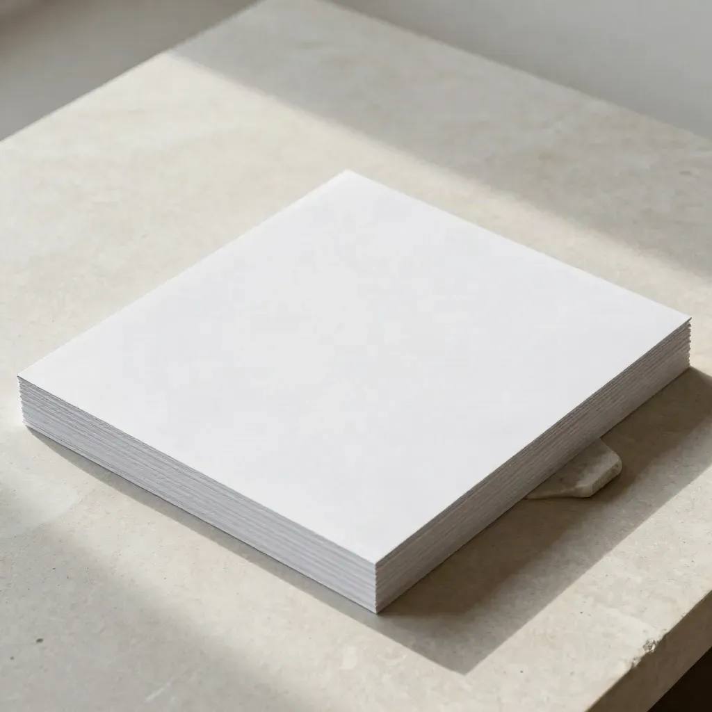 Overhead flatlay of a white board review folio with a stone corner weight on pale plaster.