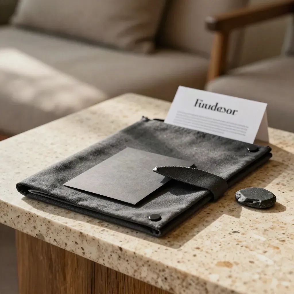 Founder Support Pack on travertine bench with cloth sleeve and stone token in soft daylight