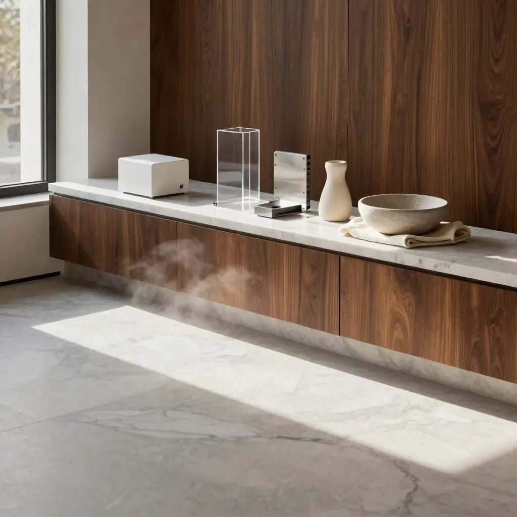 Sunlit marble threshold with startup prototype objects in a quiet modern interior.