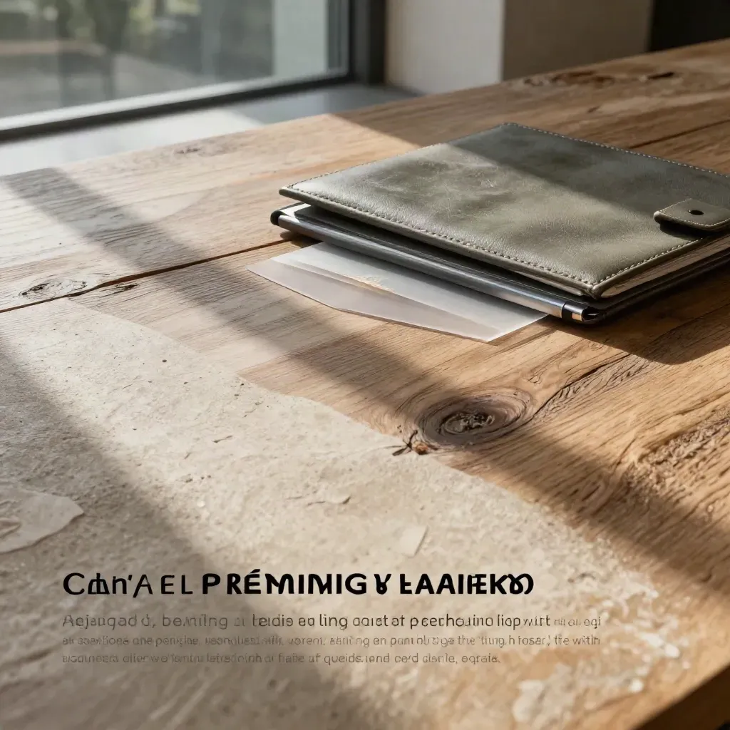 Moody oak and stone surface with blurred glass atrium edge and calm copy space.