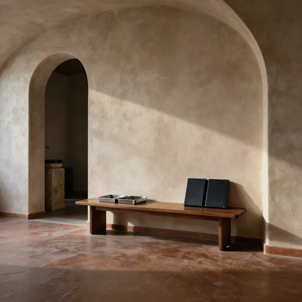 Arched plaster corridor with terracotta floor, shadowed opening and soft light for VC founder support.