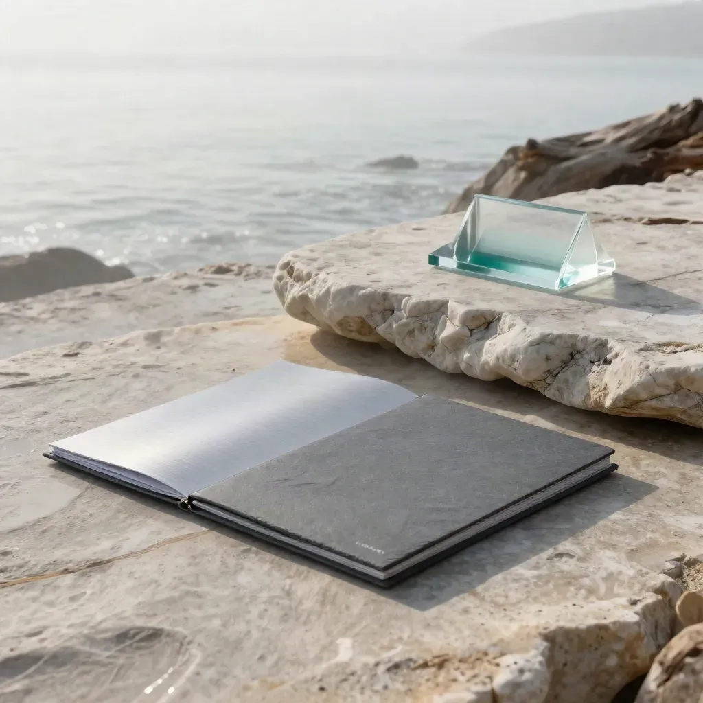 Foggy coastal stone terrace with a slate folio and glass case above calm sea haze