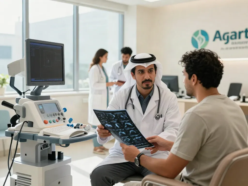 Heart failure clinic Abu Dhabi featuring a cardiologist consulting with a patient, showcasing advanced diagnostic technology and a compassionate atmosphere.