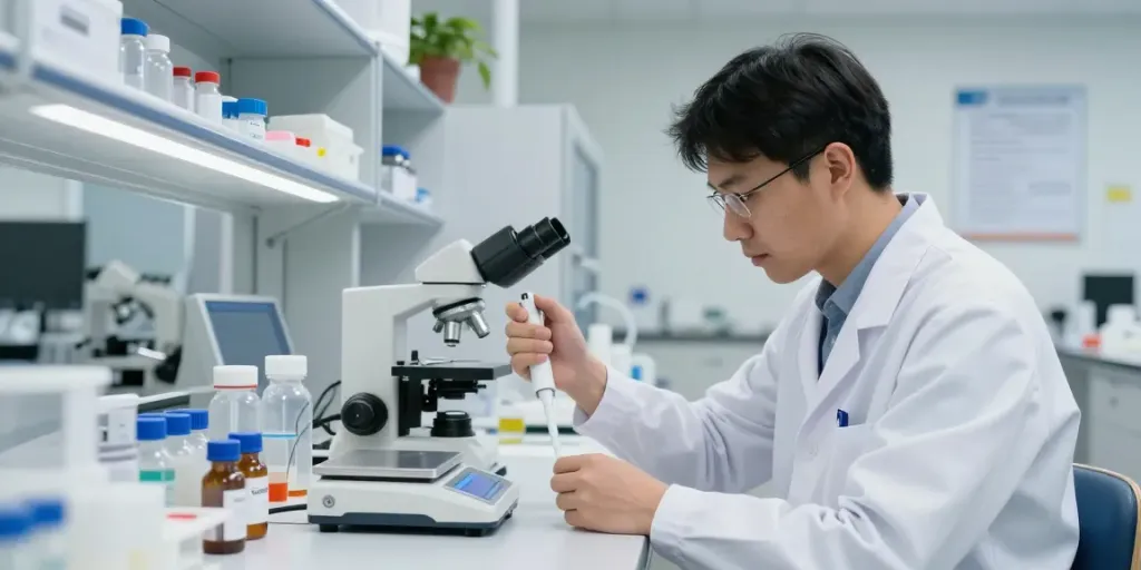 Researcher analyzing Tesofensine buy online in a modern lab.