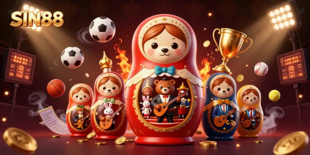 SIN88 showcases a vibrant 3D scene with casino dealer bears amidst sports elements and prizes, enhancing gambling excitement.