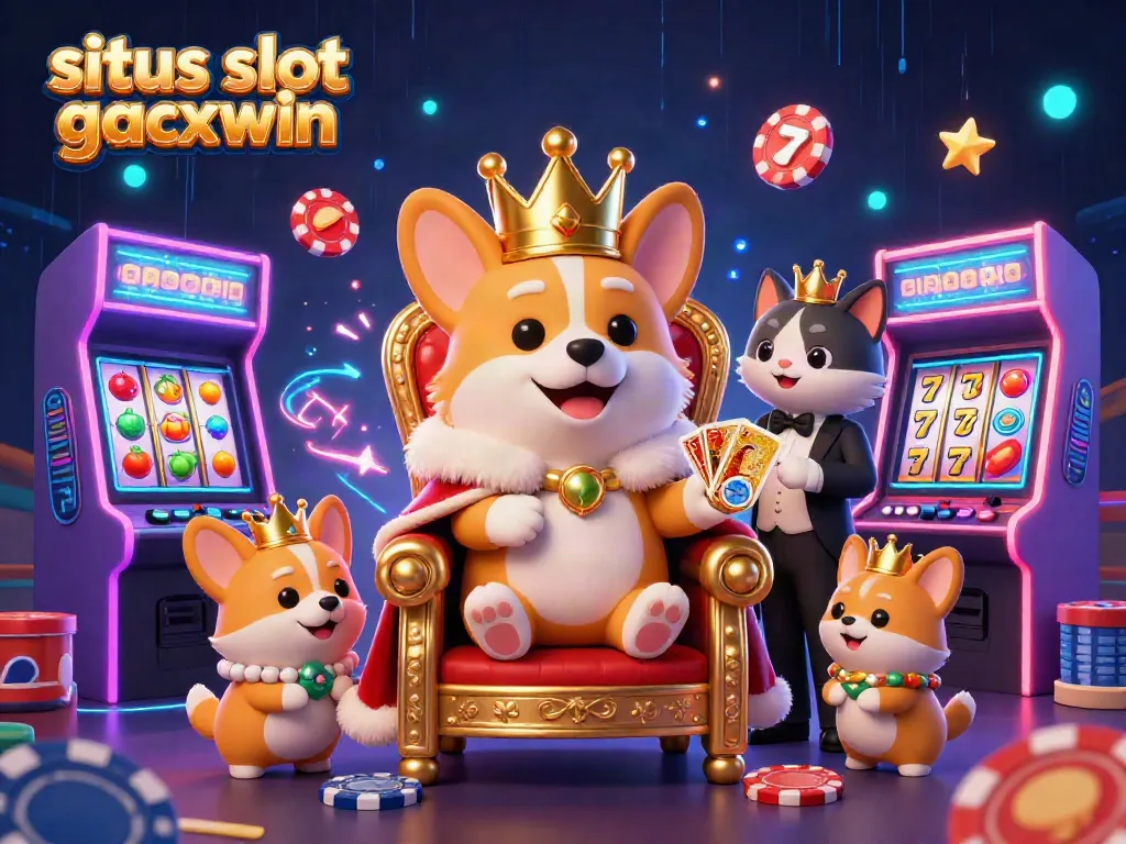 Engage in situs slot gacor maxwin with a vibrant 3D cartoon scene featuring a royal corgi and colorful slot machines.
