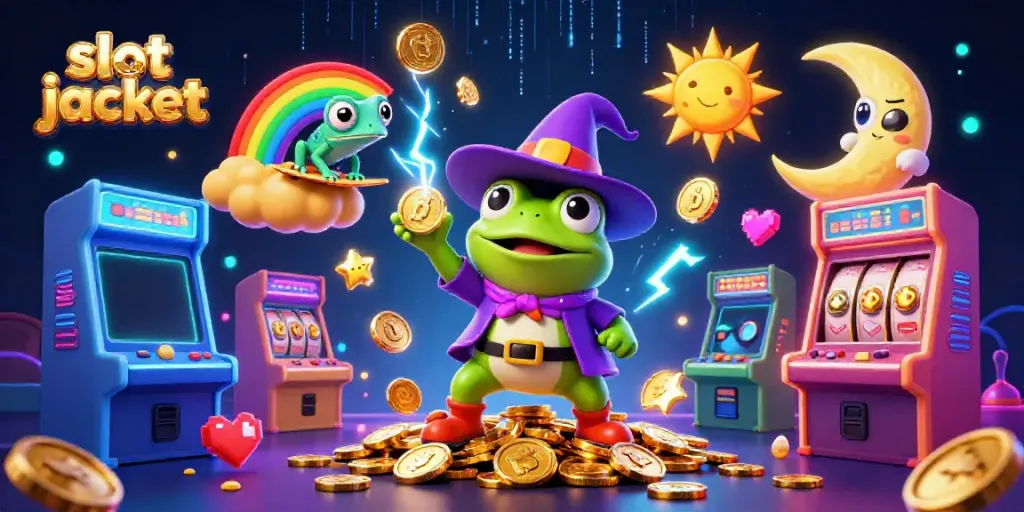 Menangkan slot jackpot dengan ilustrasi 3D dari penyihir kodok dan chameleon pelangi untuk keseruan kasino.