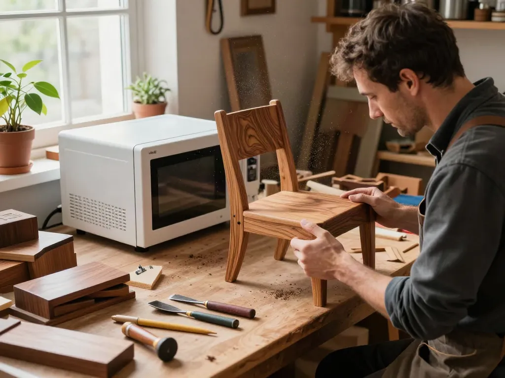 SHASHEL® microwave equipment in a woodworker's workshop eliminating wood-boring insects while enhancing handcrafted furniture.