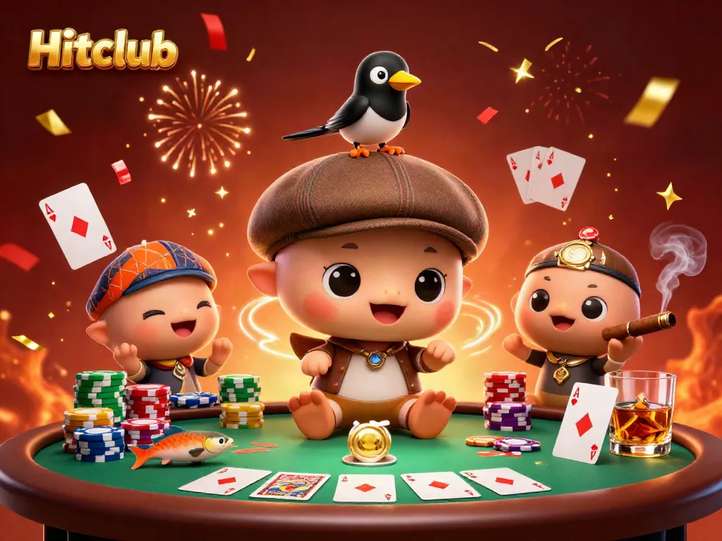 Hitclub showcases a playful cartoon baby Nessie at a vibrant poker scene, celebrating wins.
