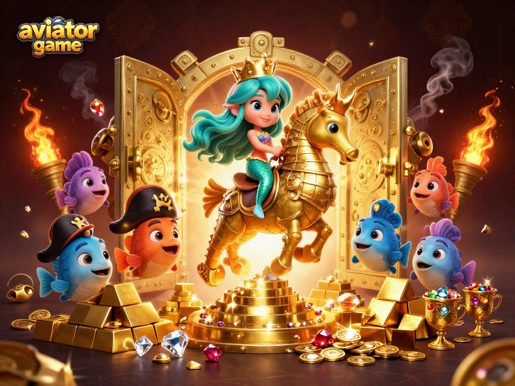 Experience the thrilling aviator game as a colorful mermaid rides a majestic seahorse in an enchanting underwater casino scene.