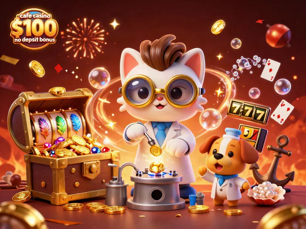 Spin and win with cafe casino $100 no deposit bonus in this vibrant, animated illustration.
