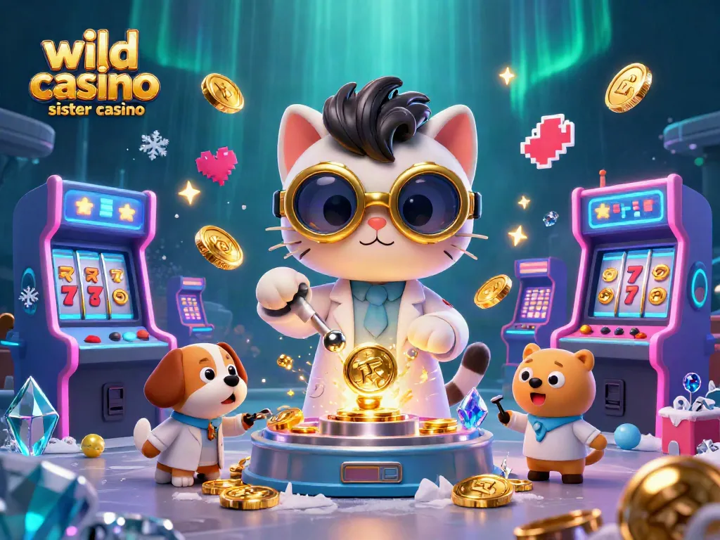Experience winning at wild casino sister casino with mad scientist cat and loyal dog in a vibrant 3D lab scene.