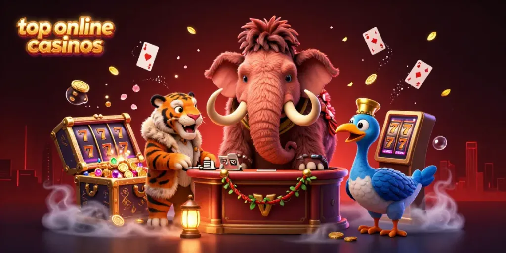 Experience the excitement at top online casinos with a dynamic scene featuring a woolly mammoth bouncer and casino elements.