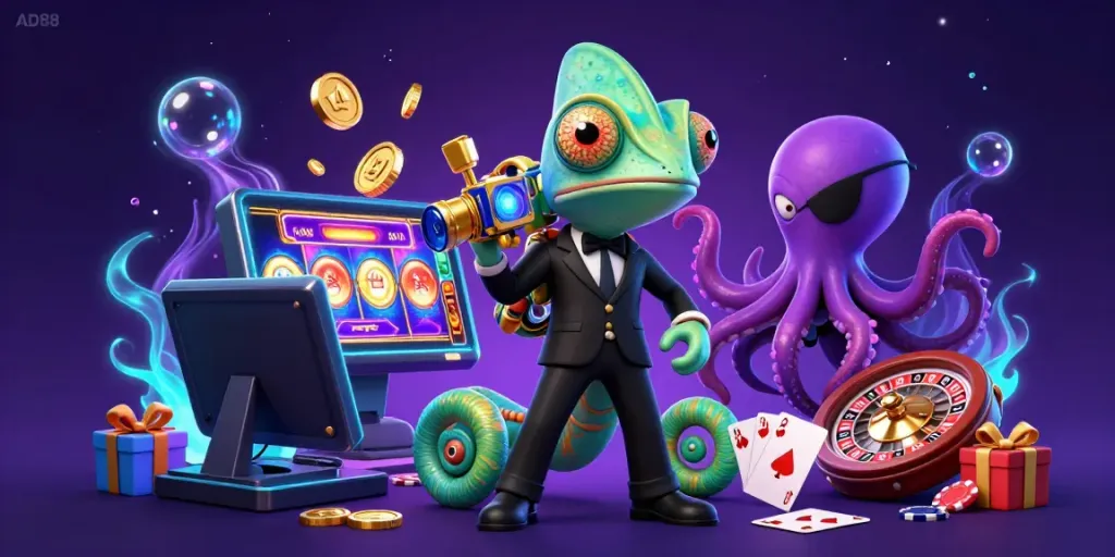 Engage in thrilling casino action with AD88 featuring a chameleon, gecko, and octopus in a vibrant illustration.